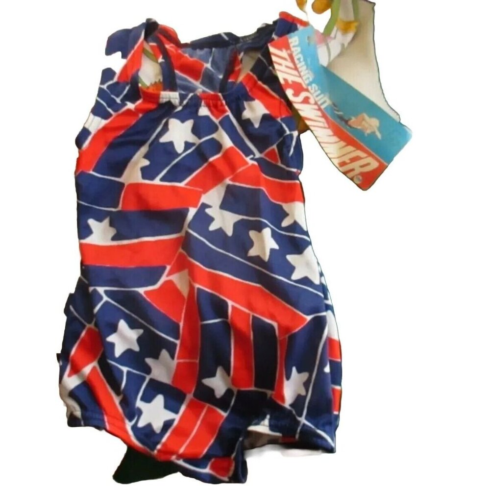 GIRLS 6 Swimsuit Vintage 1980's NYLON STRETCH STARS STRIPES USA 1 Piece New